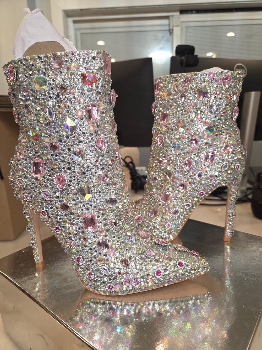 Size 7.5 Crystal-Pave Pink Accent Stiletto Ankle Boots - Women